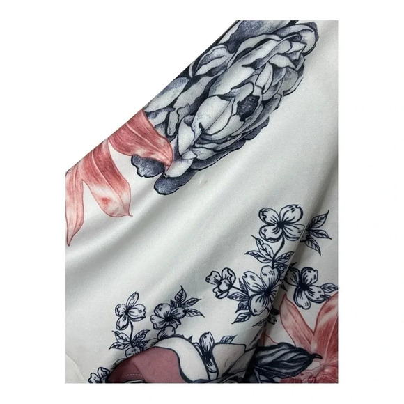 UNKNOWN BRAND FLORAL SWIRL PELPUM DRESS SEE MEASUREMENTS WHITE/NAVY BLUE/PINK - Picture 11 of 12